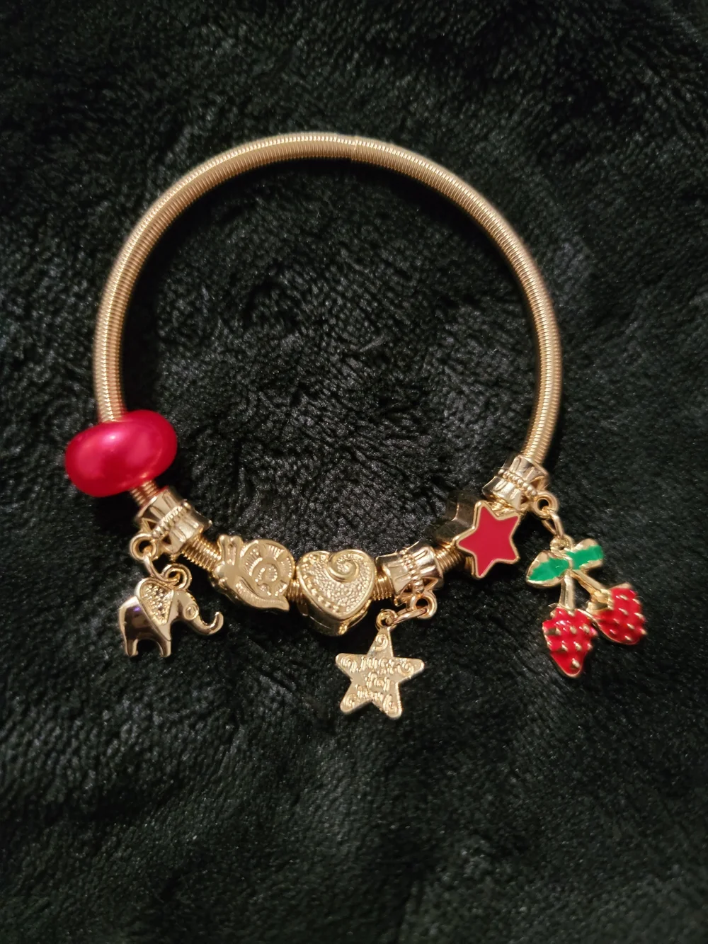 Gold Charm Bracelet with Red and Green Accents